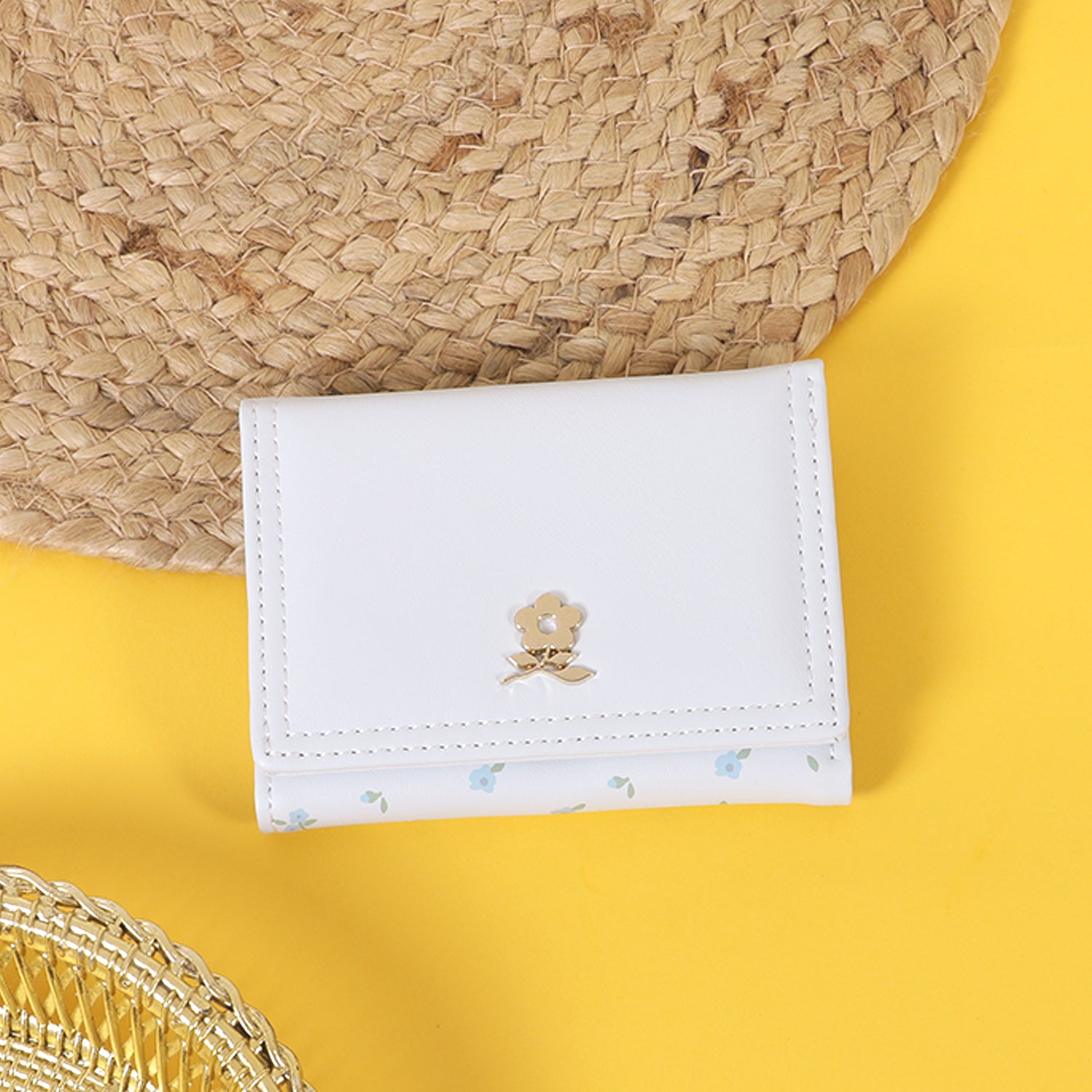 The "Blossom Charm" Tri-Fold Wallet: Petite Floral & Gold Bloom Accent