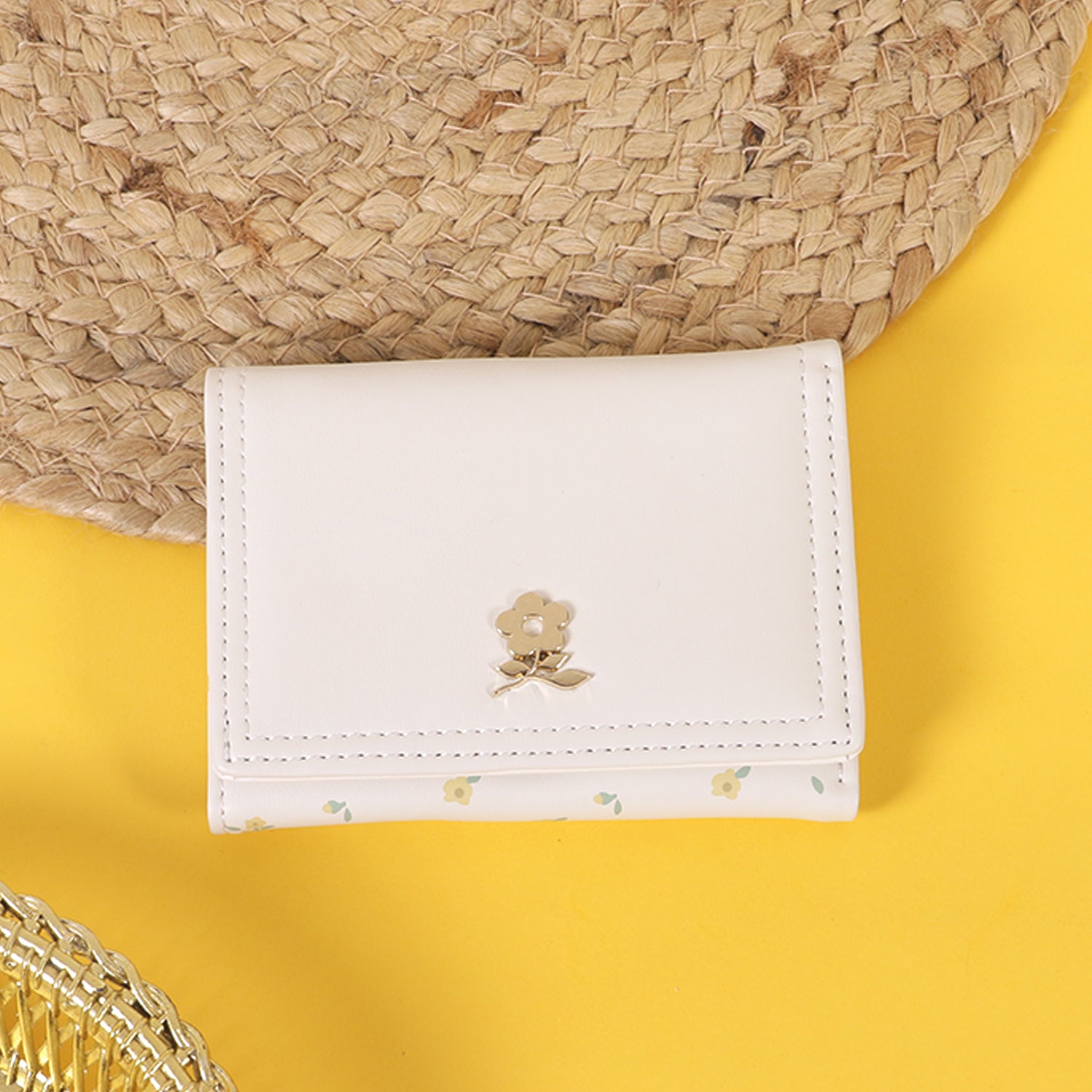 The "Blossom Charm" Tri-Fold Wallet: Petite Floral & Gold Bloom Accent