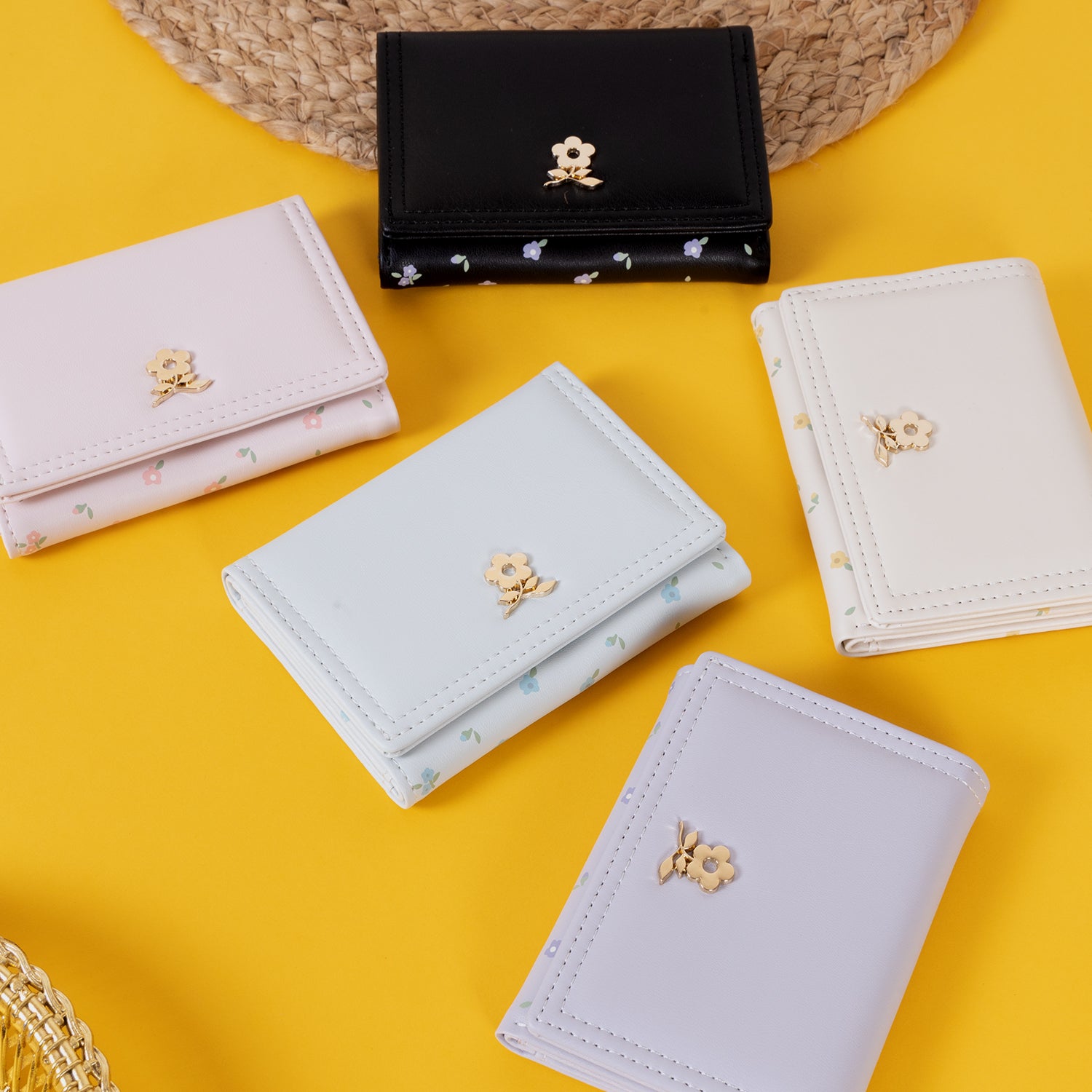 The "Blossom Charm" Tri-Fold Wallet: Petite Floral & Gold Bloom Accent