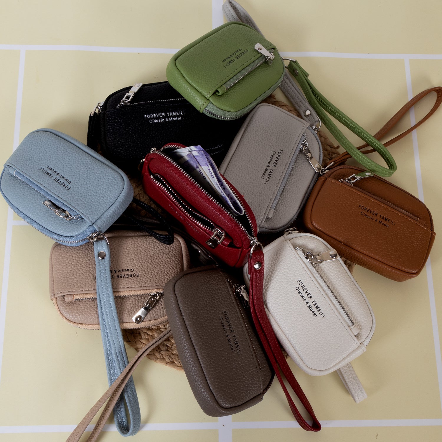 The "Gemini" Double Zip Wristlet: Pebble PU Leather Pouch with Keychain Ring & Detachable Carry Strap