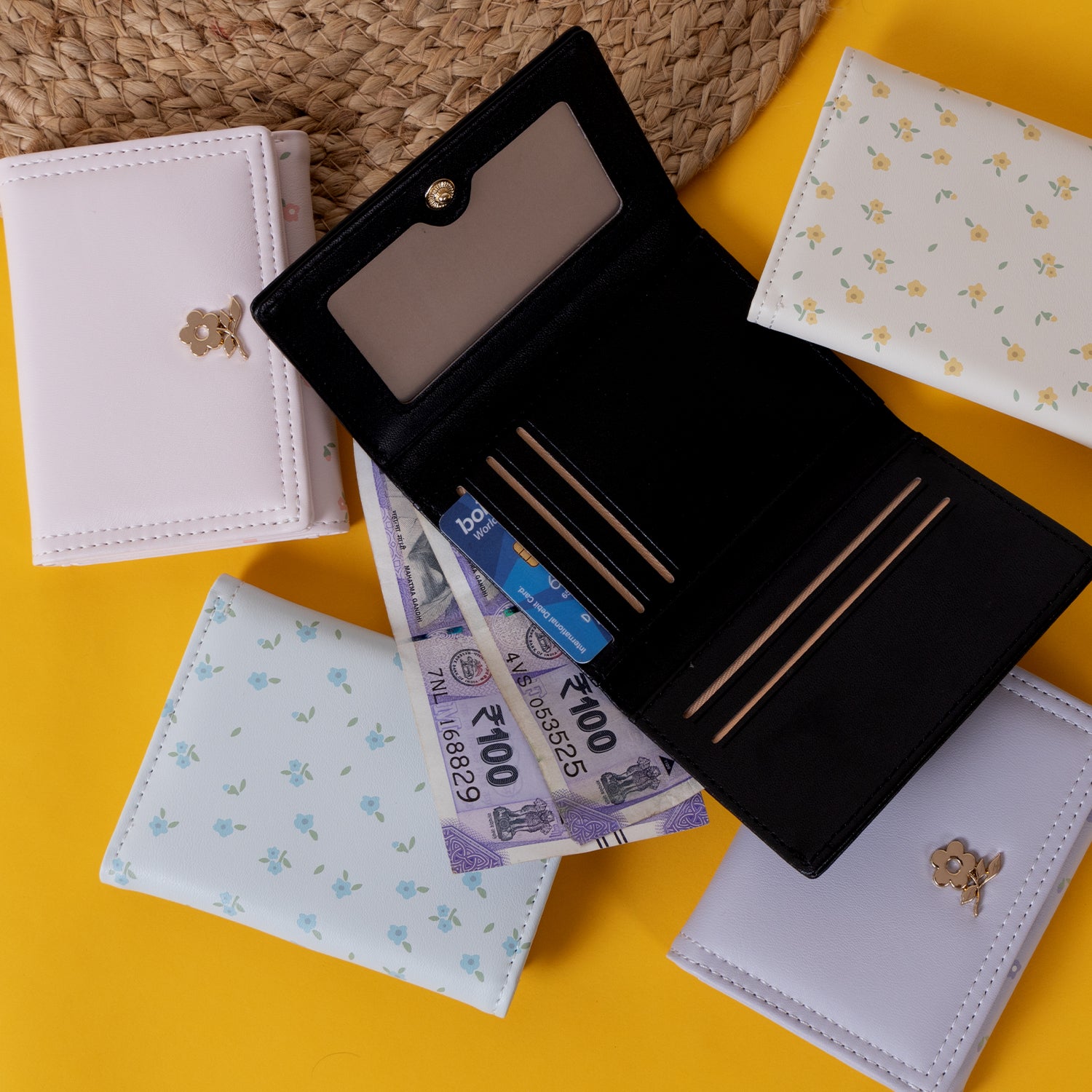 The "Blossom Charm" Tri-Fold Wallet: Petite Floral & Gold Bloom Accent