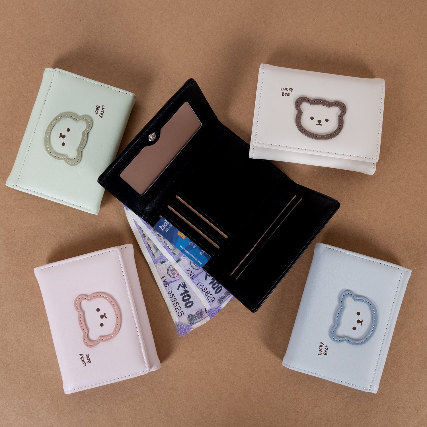 The Paw-fect Pouch: Cute Bear Design Tri-Fold Wallet in Soft Vegan Leather