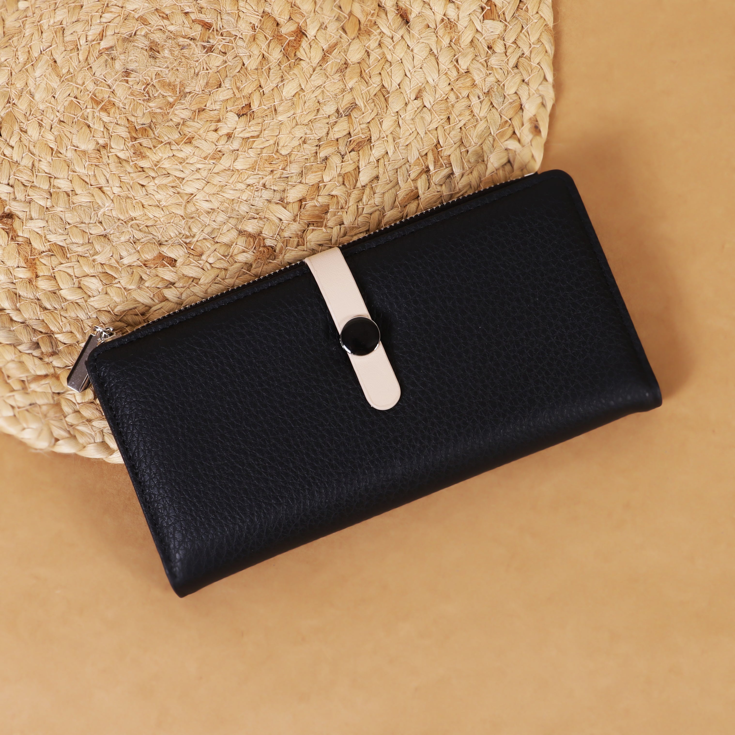 Trendy PU Leather Long Wallet for Women – Zipper & Button Closure